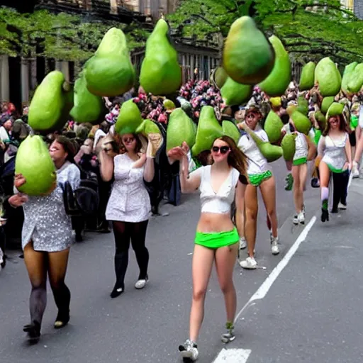 Image similar to a parade of avocados you marching down 5 th ave manhattan on st. patrick's day being lead by emma watson, 8 k, photo realistic, extremely life like