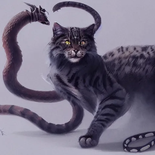 Image similar to digital painting of elegant but deadly feline cat with snake features hybrid, giant sepent furry cat chimera by Greg Rutkowski, magic the gathering concept art, trending on artstation, 4k resolution, ((in a super market Costco))