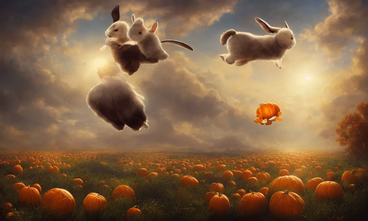 Prompt: a beautiful digital painting of a white rabbit flying in the clouds, birds in the sunlight, numerous golden pumpkins, blue sky at sunset, elegant, highly detailed, artstation, concept art, matte, sharp focus, art by tom bagshaw, kelogsloops and greg rutkowski