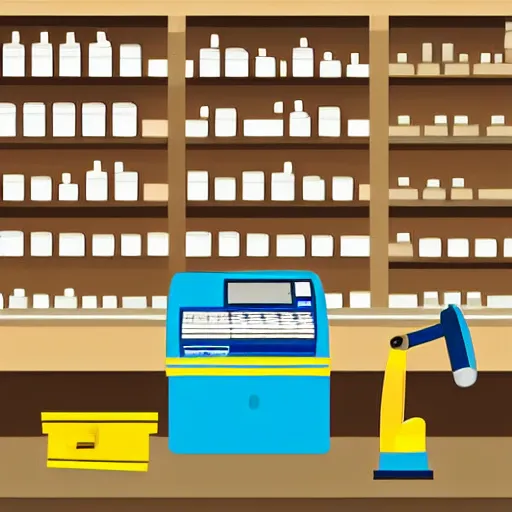 Image similar to cash register in foreground. shelves of hammers and screws and screwdrivers and hard hats in the background. vector art