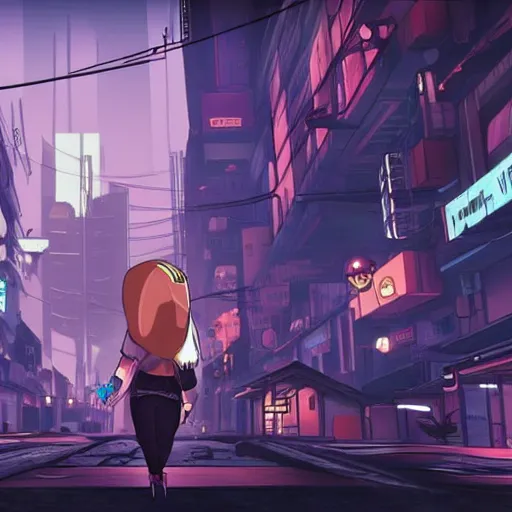 Image similar to a video game where the main character is a rabbit and you play in a cyberpunk city