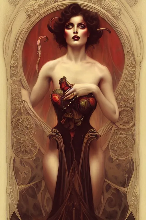 Image similar to Devil by Tom Bagshaw in the style of Gaston Bussière, art nouveau, art deco