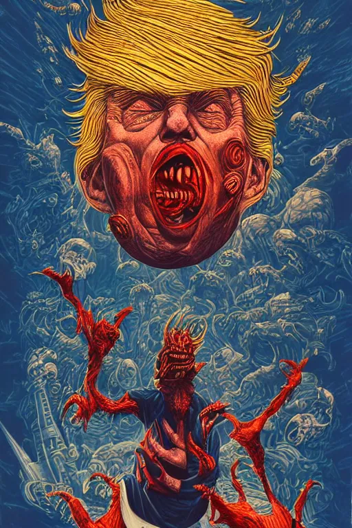 Prompt: donald trump as a disgusting monster consuming the world, horror, high details, intricate details, by vincent di fate, artgerm julie bell beeple, 90s, inking, vintage 90s print, screen print