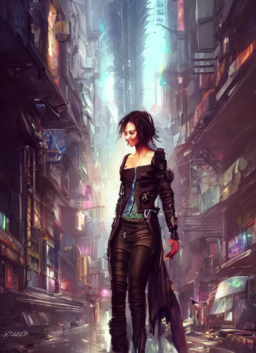 Prompt: a beautiful woman walking through a cyberpunk city, full body, realistic, highly detailed, science fiction portrait by laura sava