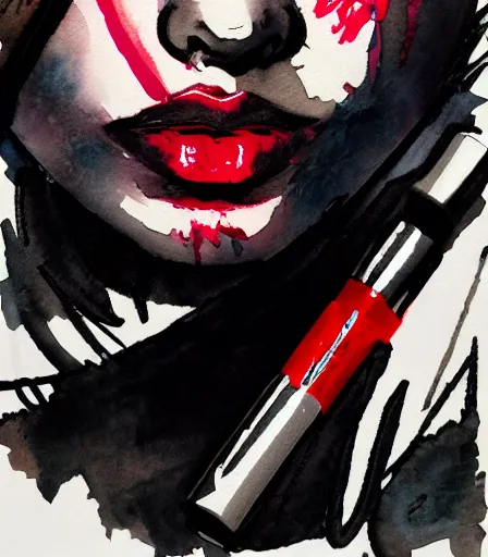 Prompt: Yoji Shinkawa's 'a tank with bright red lipstick', ink and colours on silk, trending on pixiv, zoomed out, monochrome, watercolour