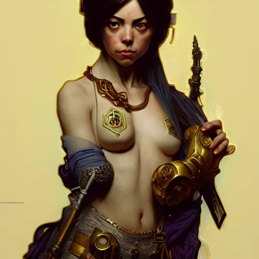 Prompt: cyber monk aubrey plaza, fantasy, d & d, intricate, detailed, by by alphonse mucha, adolfo hohenstein, alice russell glenny, stanley artgerm lau, greg rutkowski, detailed, trending on artstation, trending on artstation, smooth