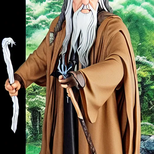 Image similar to gandalf from the anime lord of the rings (1986), holding a wooden staff, studio ghibli, very detailed, realistic