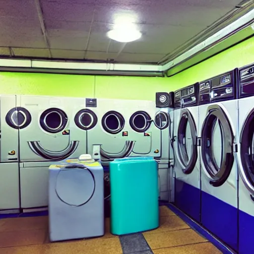 Prompt: a rave happening inside of a laundromat