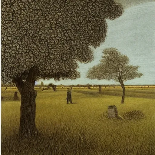 Image similar to A beautiful drawing depicting a farm scene. The drawing shows a view of an orchard with trees in bloom. Prada by Kay Sage, by Gustave Doré dreary