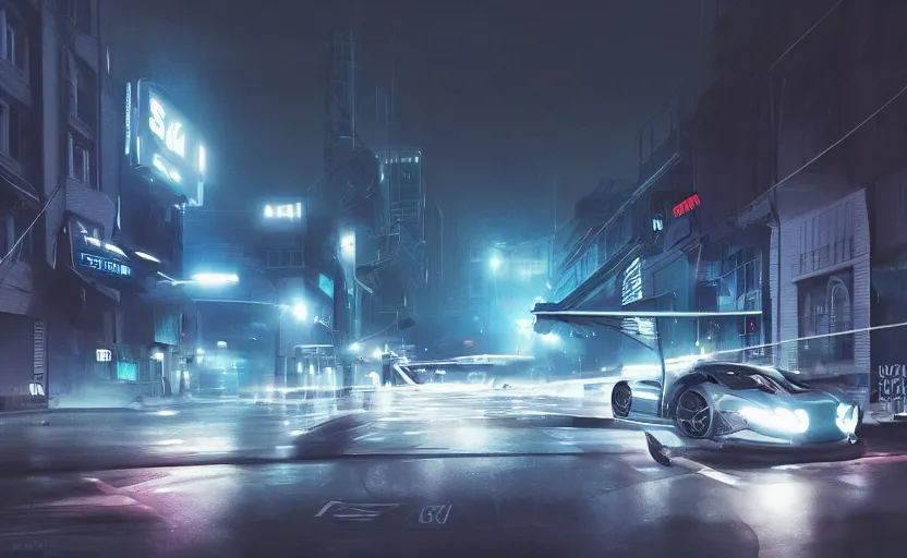 Image similar to a sport vehicle in the streets at night whit blue headlights on by Khyzyl Saleem, night time, heavy storm, atmospheric, artstaion, concept art, illustration, sharp focus, high detail, octane render, cyberpunk, game