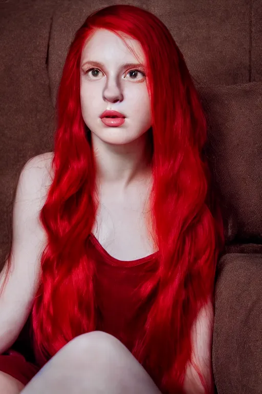Prompt: a cinematic headshot portrait of a young woman with messy vibrant ariel red hair, sitting on sofa, pyjamas, ultra realistic, depth, beautiful lighting