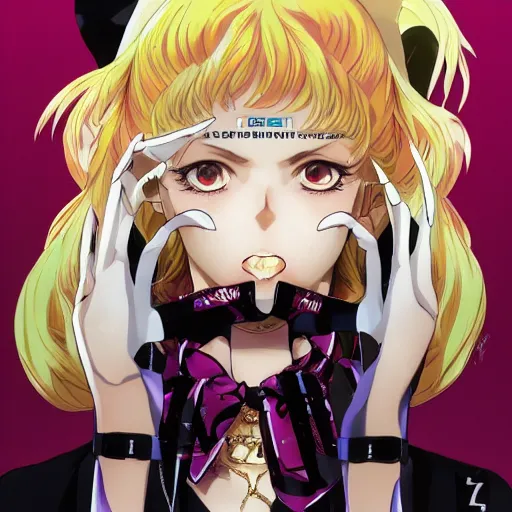 Image similar to Magazine Cover Anime key visual of a Gucci girl; official media; typography; drawn by Hirohiko Araki; Jojo's Bizarre Adventure; Jojolion, portrait, made by Stanley Artgerm Lau, WLOP, Rossdraws, James Jean, Andrei Riabovitchev, Marc Simonetti, Yoshitaka Amano, ArtStation