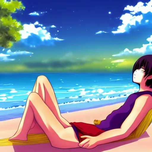 Image similar to an anime couple relaxing on the beach, advanced digital art