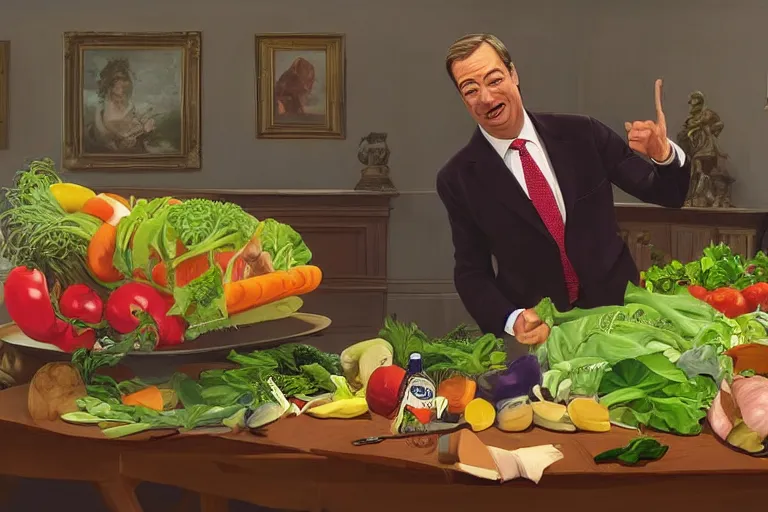 Image similar to nigel farage laying on top of vegetables on a table, a bronze sculpture by jeff a. menges, trending on pinterest, hyperrealism, hyper - realistic, hyper realism, playstation 5 screenshot