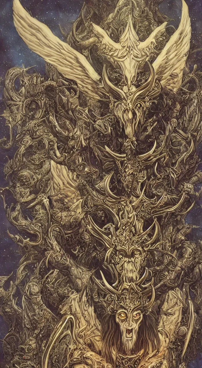 Image similar to full body concept art of baphomet wearing viking helm made with porcelain by Jeff Easley and Peter Elson + beautiful eyes, beautiful face + symmetry face + border and embellishments inspiried by Art Nouveau, fractals in the background, galaxy + baroque, gothic, surreal + highly detailed, intricate complexity, epic composition, magical atmosphere + masterpiece, award winning + trending on artstation