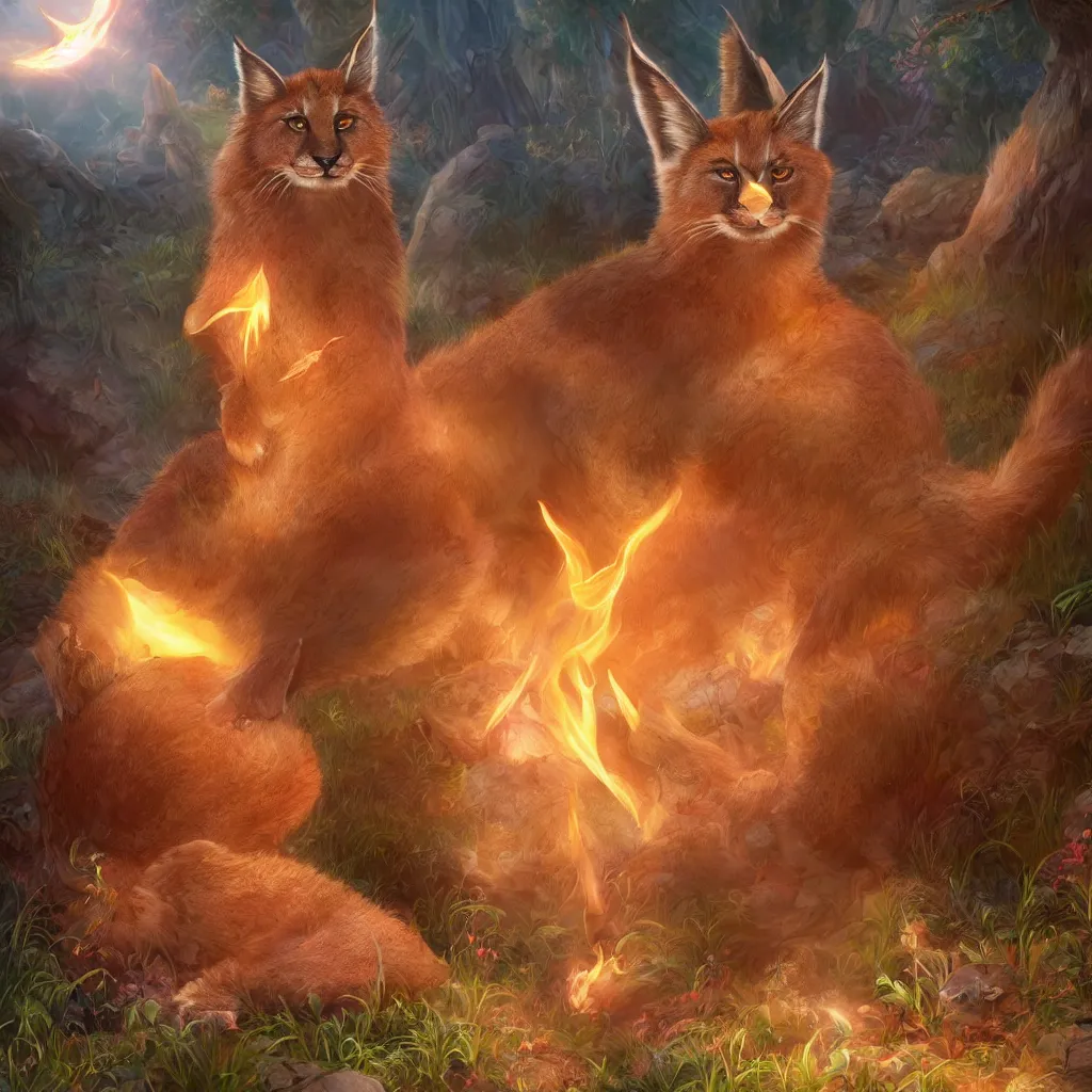 Image similar to many cute fluffy caracals, fire, magic, fantasy epic legends stylized digital illustration radiating a glowing aura global illumination ray tracing hdr fanart arstation, 8 k