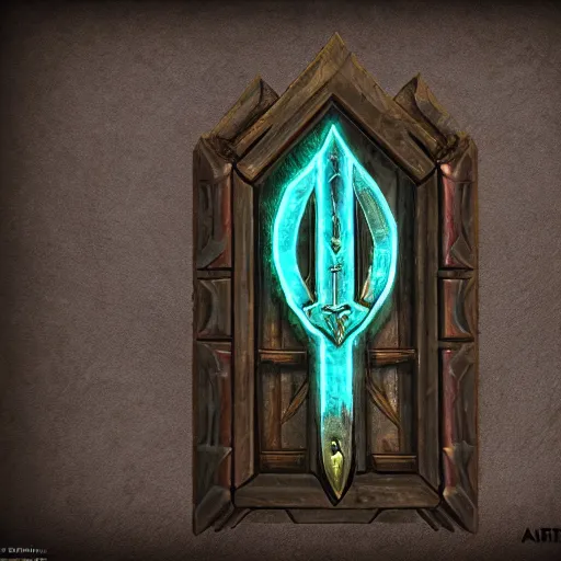 Image similar to a medieval wooden door key, rpg inventory item, Warcraft style, outer glow, solid background, trending on artstation