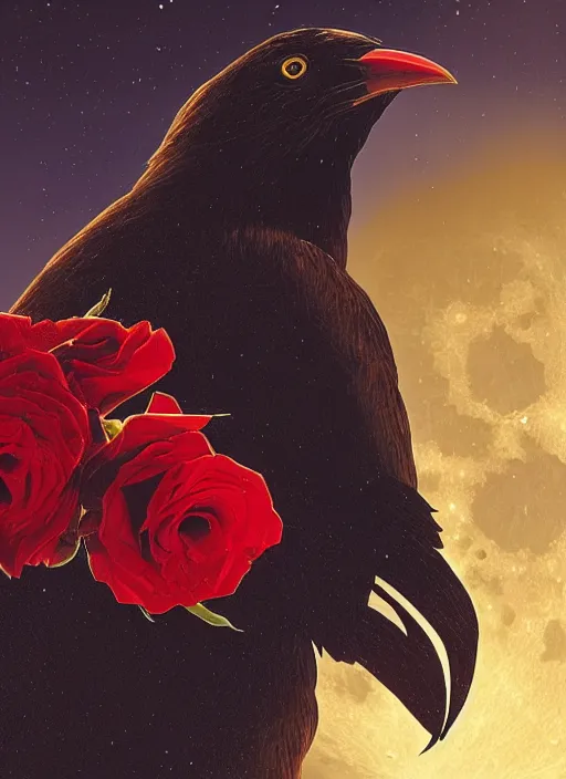 Image similar to Big glowing moon is very important in that image, red and golden color details, portrait, A crow with red eyes in front of the full big moon, book cover, red roses, red white black colors, establishing shot, extremly high detail, foto realistic, cinematic lighting, by Yoshitaka Amano, Ruan Jia, Kentaro Miura, Artgerm, post processed, concept art, artstation, raphael lacoste, alex ross, portrait, A crow with red eyes in front of the full big moon, book cover, red roses, red white black colors, establishing shot, extremly high detail, photo-realistic, cinematic lighting, by Yoshitaka Amano, Ruan Jia, Kentaro Miura, Artgerm, post processed, concept art, artstation, raphael lacoste, alex ross