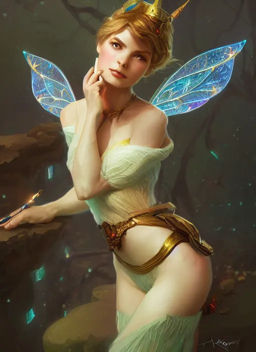 Image similar to tinker bell, d & d, fantasy, intricate, elegant, highly detailed, digital painting, artstation, concept art, matte, sharp focus, illustration, hearthstone, art by artgerm and greg rutkowski and alphonse mucha