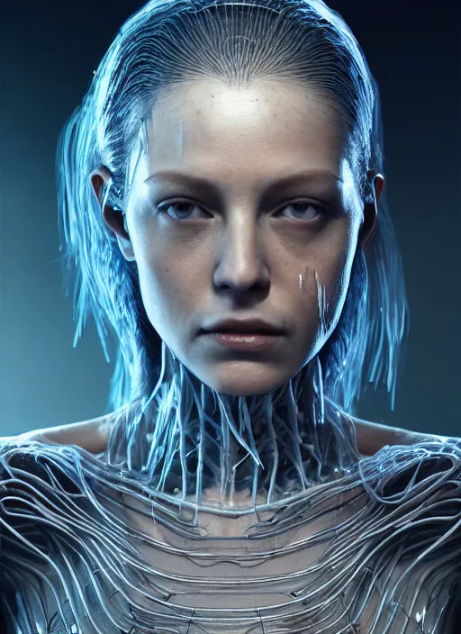 Prompt: 1 / 2 length portrait, queen, crown, translucent skin, muscle, bones, veins, nerves, hyperrealism, detailed, photorealistic, cyberpunk apocalyptic city, futuristic, ultra realistic, cinematic, intricate, cinematic light, unreal engine 8 k, octane render, unreal engine by charlie bowater, david kostic, stanley lau, artgerm