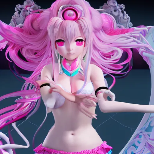 Image similar to stunningly beautiful omnipotent megalomaniacal anime goddess who looks like junko enoshima with symmetrical perfect face and porcelain skin, pink twintail hair and mesmerizing cyan eyes, looking down upon the viewer and taking control, mid view from below her feet, hyperdetailed, unreal engine 5, 8 k