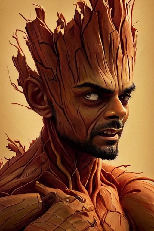 Prompt: Virat Kohli as Groot, Groot costume, Virat Kohli Face, cute, portrait, masculine figure, highly detailed, digital painting, artstation, concept art, smooth, sharp focus, illustration, cinematic lighting, art by artgerm and greg rutkowski and alphonse mucha