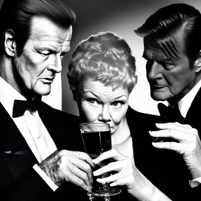 Image similar to hyper realistic, high detail photo of roger moore as james bond drinking martini with judy dench, beautiful, dreary lighting