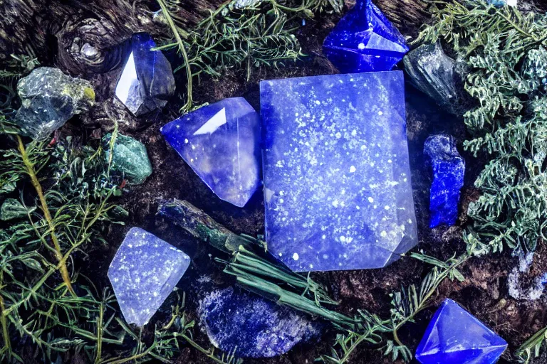 Prompt: huge glowing lazuli mystical crystal inside a dark foggy forest, surrounded by a few other glowing crystals