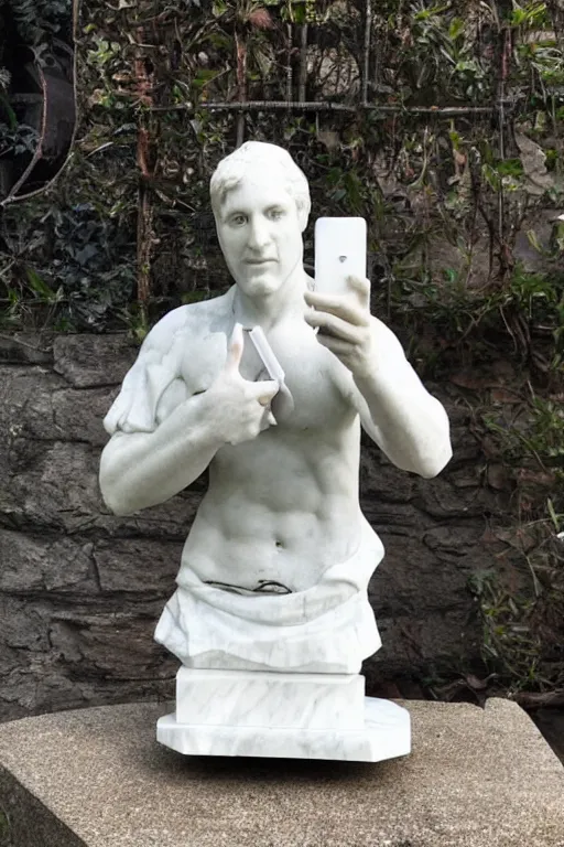 Image similar to marble sculpture of a man holding a marble phone to take a selfie