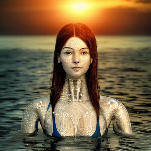 Prompt: beautiful centered Fine art photo of young woman humanoid robot, half body in water, solarpunk mechanical parts with led lights, real human face, photorealistic, white background, highly detailed and intricate, sunset lighting, HDR 8k