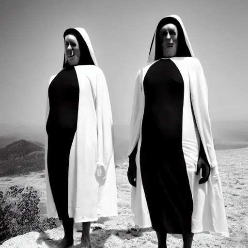 Image similar to black and white, award winning photo, levitating twin nuns, wearing swimsuit, the nuns have Very long arms, in a sanctuary, eerie, frightening —width 1024 —height 1024