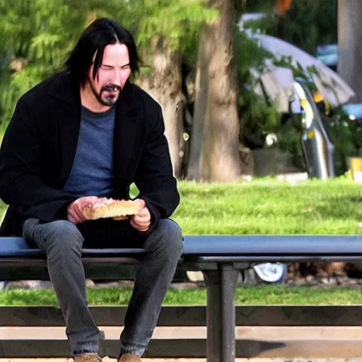 Prompt: Keanu Reeves eating sandwich on park bench