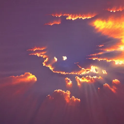 Prompt: sunset fractal clouds in shape of a gigantic virgin mary face