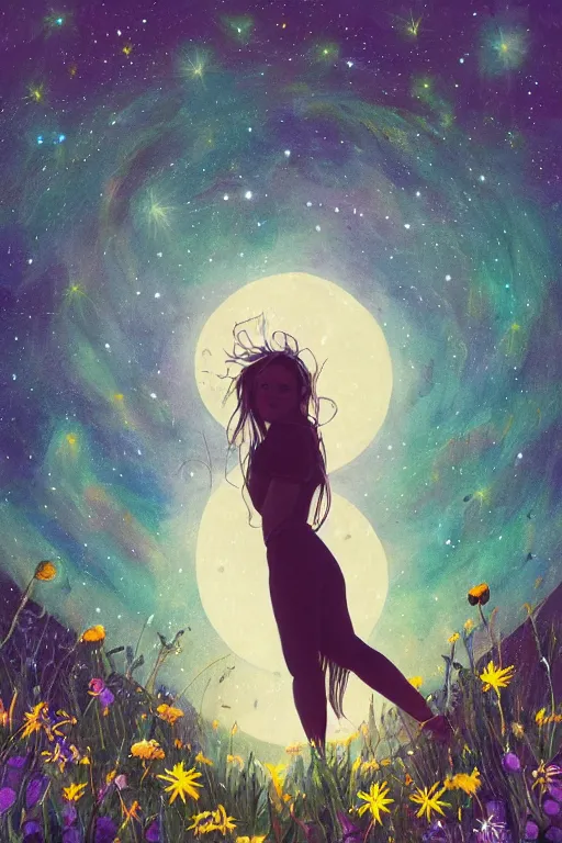 Image similar to breathtaking beautiful mystical illustration of a girl standing in a field of wild flowers gazing up at night sky, stars and milky way and moon, extreme foreshortening, bottom - up perspective, by akageno saru and thomke meyer and julia plath, trending on artstation and tumblr