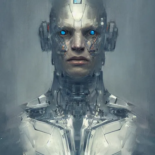 Prompt: portrait of a half human half robot man,digital art,realistic,detailed,art by greg rutkowski,menacing