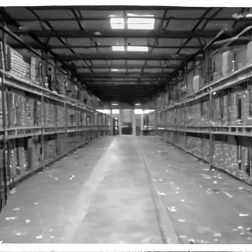 Prompt: insecam cctv footage of an abandoned mannequin warehouse, monochromatic, grainy and blurry vhs footage