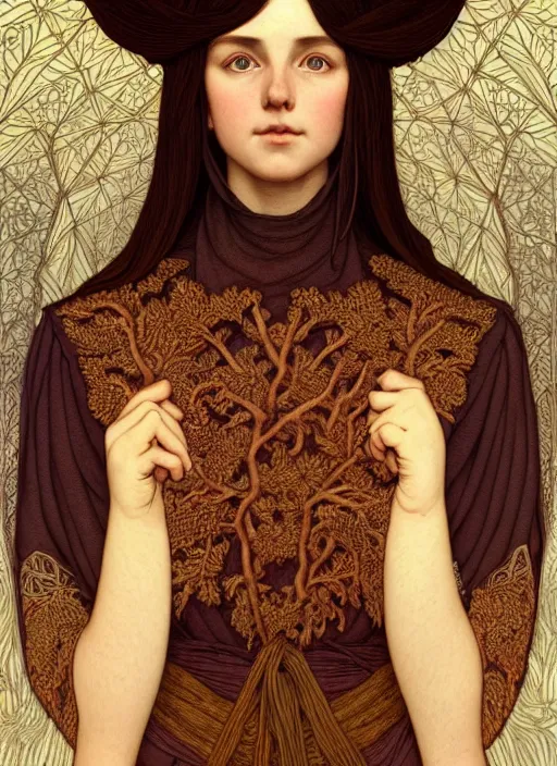 Image similar to symmetry portrait of welsh brunette student in mans tunic, embroidery, tomboy, short hair, intricate forest background, intricate, elegant, highly detailed, digital painting, artstation, concept art, smooth, sharp focus, illustration, art by artgerm and greg rutkowski and fra angelico and alphons mucha