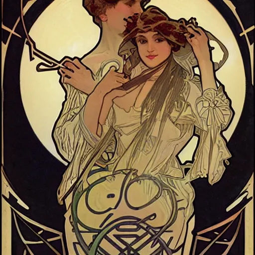 Image similar to alphonse mucha and j. c. leyendecker collaborative art