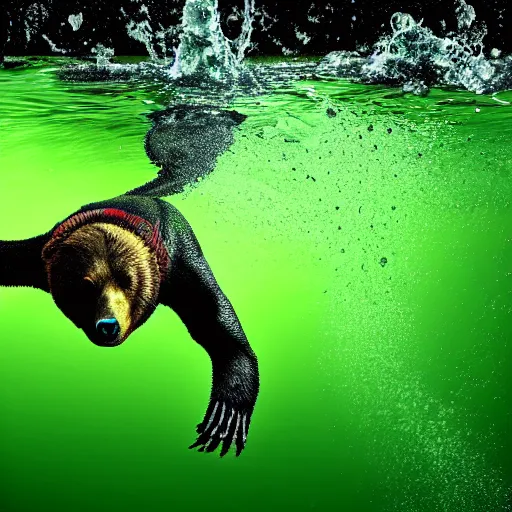 Image similar to zombie bear swimming in a toxic green pool of liquid, photo image by national geographic + realistic horror