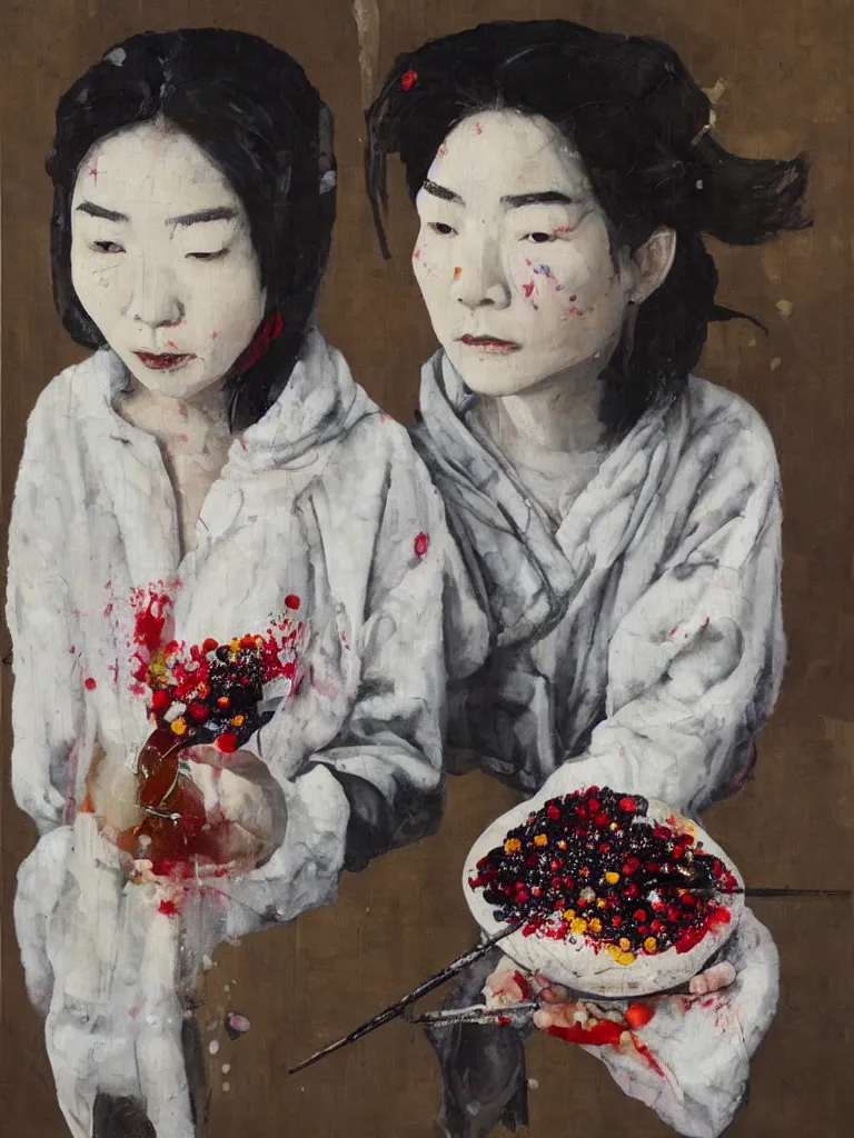 Image similar to “art in an Australian artist’s apartment, portrait of a Japanese woman wearing loose-fitting white cotton cloth, stained with fresh berries and maple syrup, white wax, edible flowers, acrylic and spray paint and oilstick on canvas”