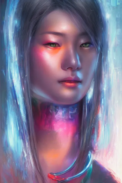 Image similar to stunning highly detailed portrait of a beautiful asian female cyberpunk, soft lighting, pastel neon colors, oil on canvas, strong lighting, by Greg Staples, HD, 4K