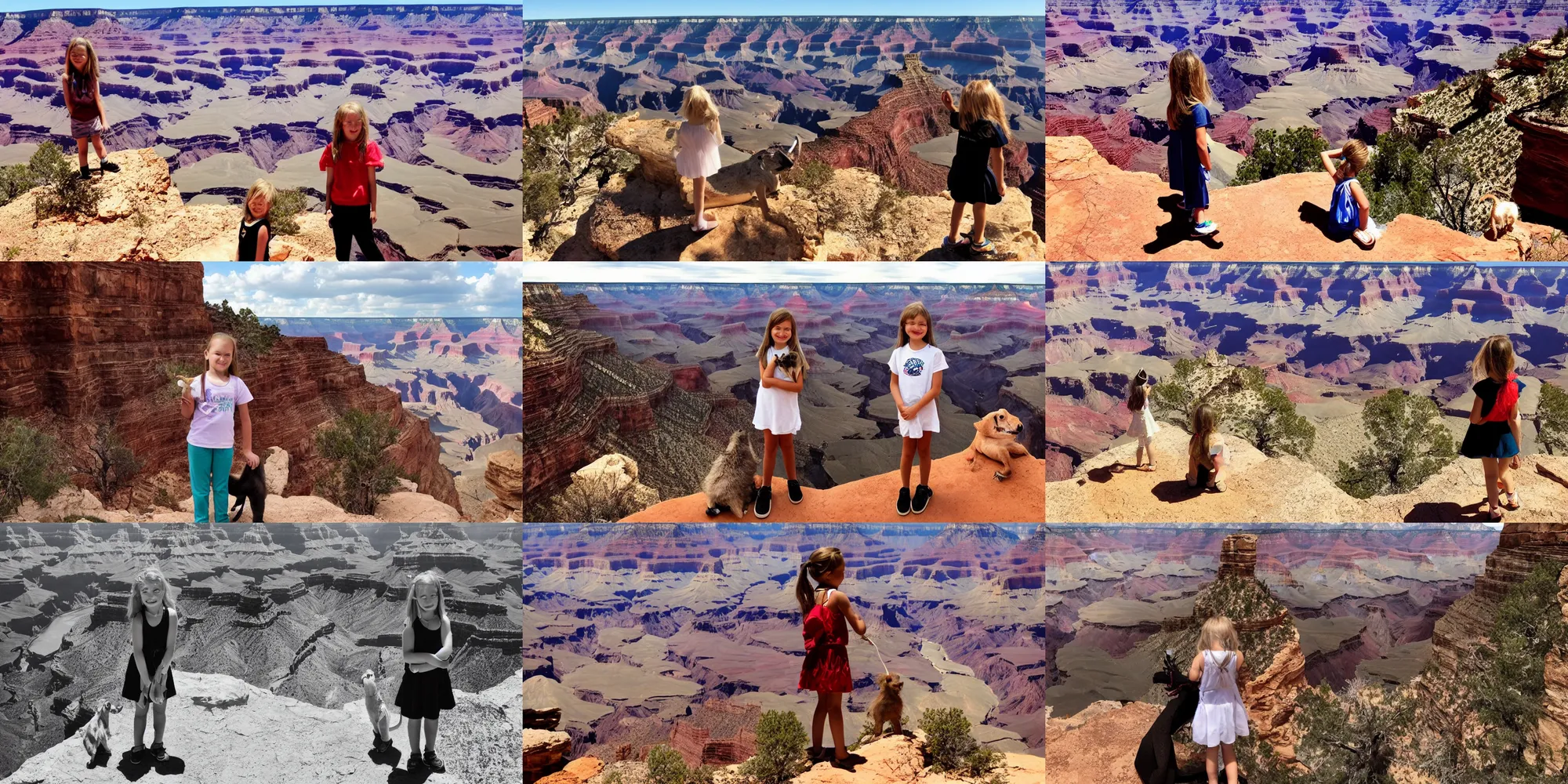 Prompt: a nine year old blone girl standing next to her pet dragon overlooking the grand canyon