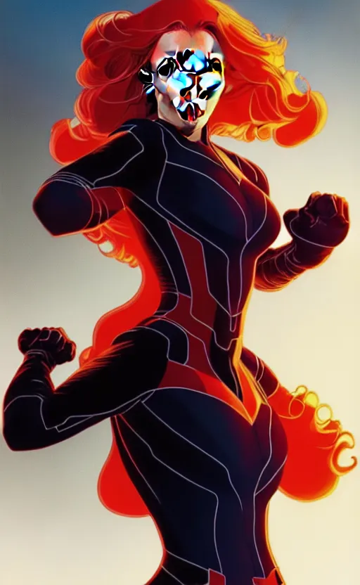 Image similar to rafeal albuquerque comic art, joshua middleton comic art, artgerm, cinematics lighting, night time, pretty scarlett johansson black widow, big smirk, symmetrical face, symmetrical eyes, long red hair, full symmetrical body, flying in the air, jumping off rooftop