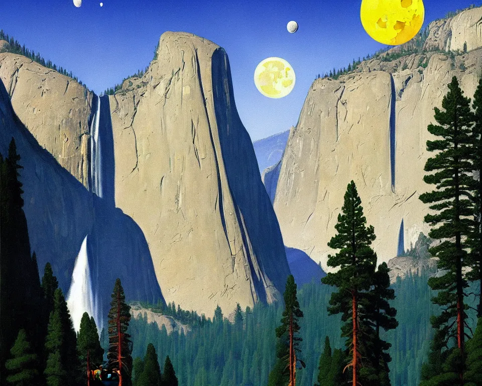 Prompt: an achingly beautiful print of the lunar module in the middle of Yosemite valley by Raphael, Hopper, and Rene Magritte. detailed, romantic, enchanting, trending on artstation.