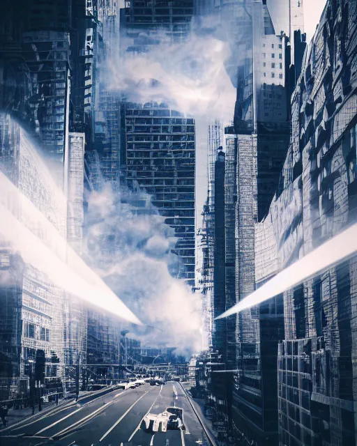 Image similar to complex cityscape folding and overlaying in inception mirror dimension style cinematic hd photo smoke cloud lens flare godray mcu Nolan Leica Zeiss film trending on Flickr