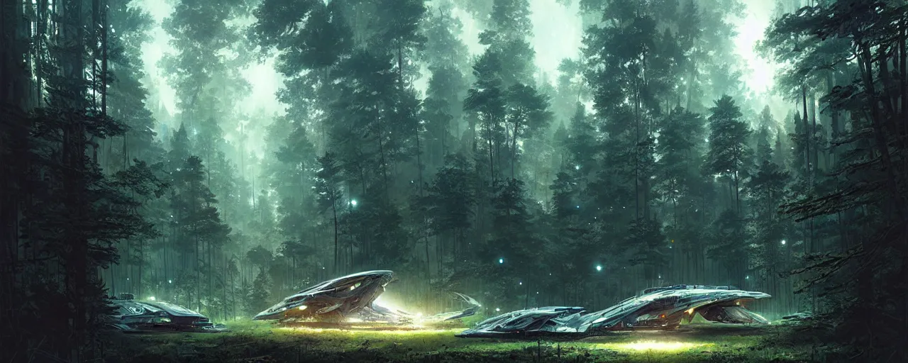Prompt: a giant spaceship wrecked and lost in the forest, detailed digital art by greg rutkowski.
