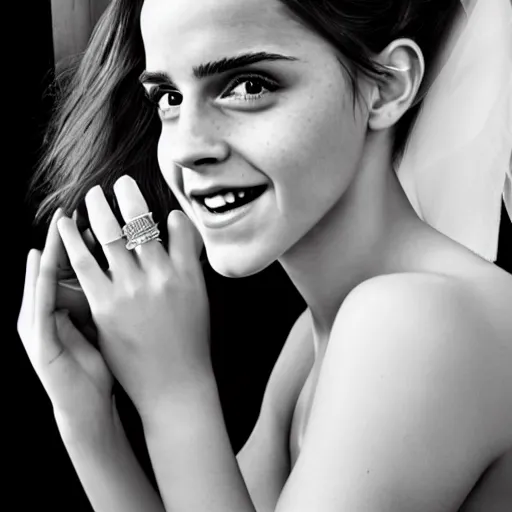 Image similar to A photo of laugh emma watson show wedding ring on his fingers. 50 mm. perfect ring. award winning photography