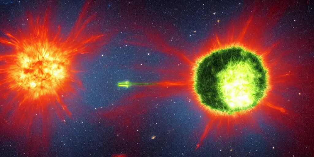 Prompt: a fuzzy ball of radioactive plasma burning across the universe at faster than light speeds, leaving a wake of exotic particles