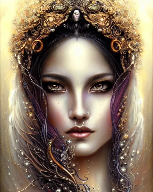 Prompt: portrait of a beautiful moon goddess, enigmatic beauty, esoteric, muted colors, head in focus, fantasy art, ornamental aesthetics intricate, elegant, highly detailed, hyperrealistic painting, artstation, concept art, painterly, sharp focus, illustration, art by lois royo