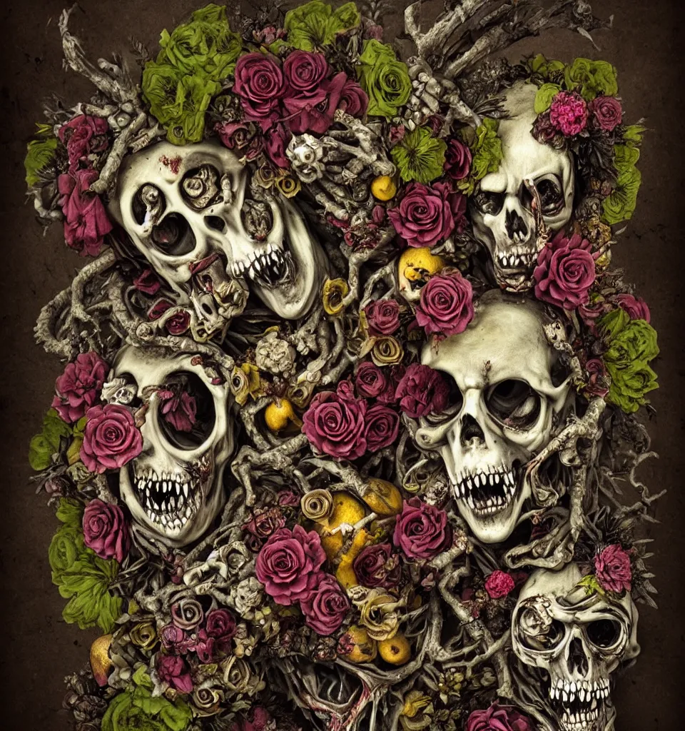 Image similar to zombie, punk, male, fruit and flowers, botanical, vanitas, sculptural, baroque, rococo, intricate detail, spiral, ornamental, decomposing